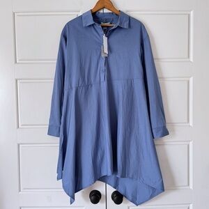 Cupio Button Up Shirt Dress Small Blue Long Sleeve Roll Tab Shark Bite Coastal